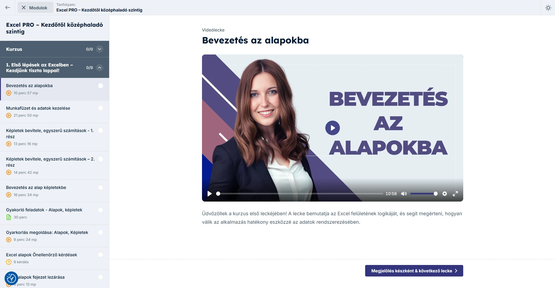 Az Excel Pro kurzusfelülete világos nézetben: bal oldalon a leckelista, jobbra a videó
